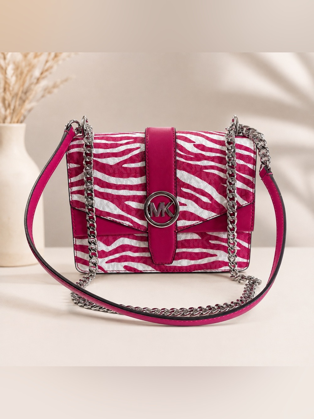 Michael Kors Hot Pink Zebra-Print Chain Crossbody